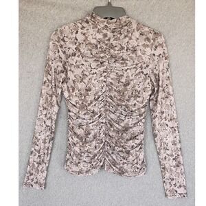 Böhme Womens Ruched Mesh Mock Neck Long Sleeve Top Abstract Floral Gray Medium